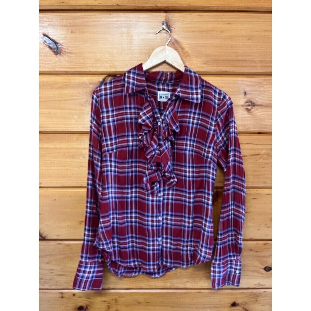 Converse One Star Long Sleeve Ruffle Button Down Top Plaid  Size M Medium